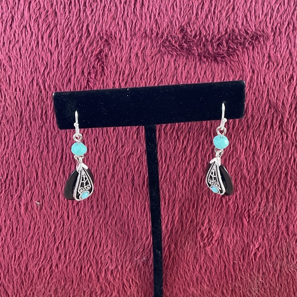 Jewelry - Turquoise Blue and Black Dangle Teardrop Earrings - Silverstone